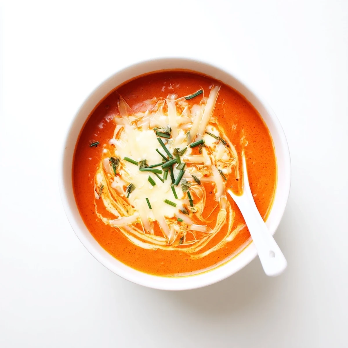 Creamy roasted red pepper Gouda soup in a white bowl garnished with fresh green chives