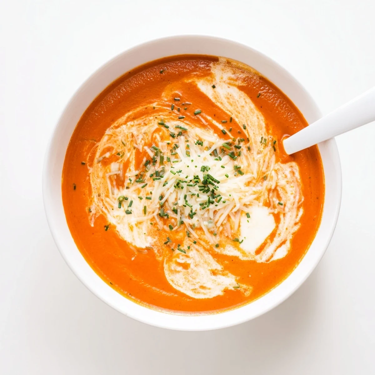 Steaming bowl of roasted red pepper Gouda soup topped with melted cheese and parsley