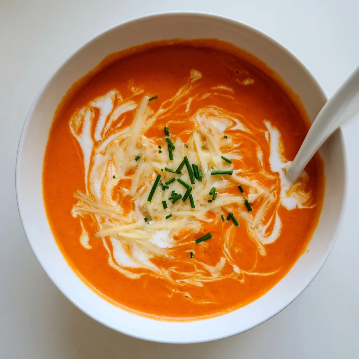 Smooth orange roasted red pepper Gouda soup ladled into a serving bowl with bread on side