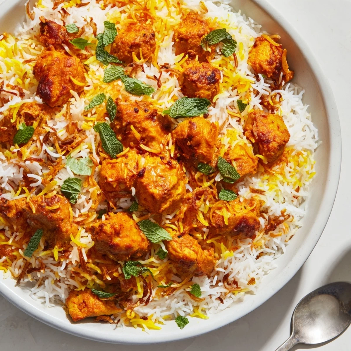 Golden butter chicken biryani layered over fluffy aromatic basmati rice with fresh cilantro garnish