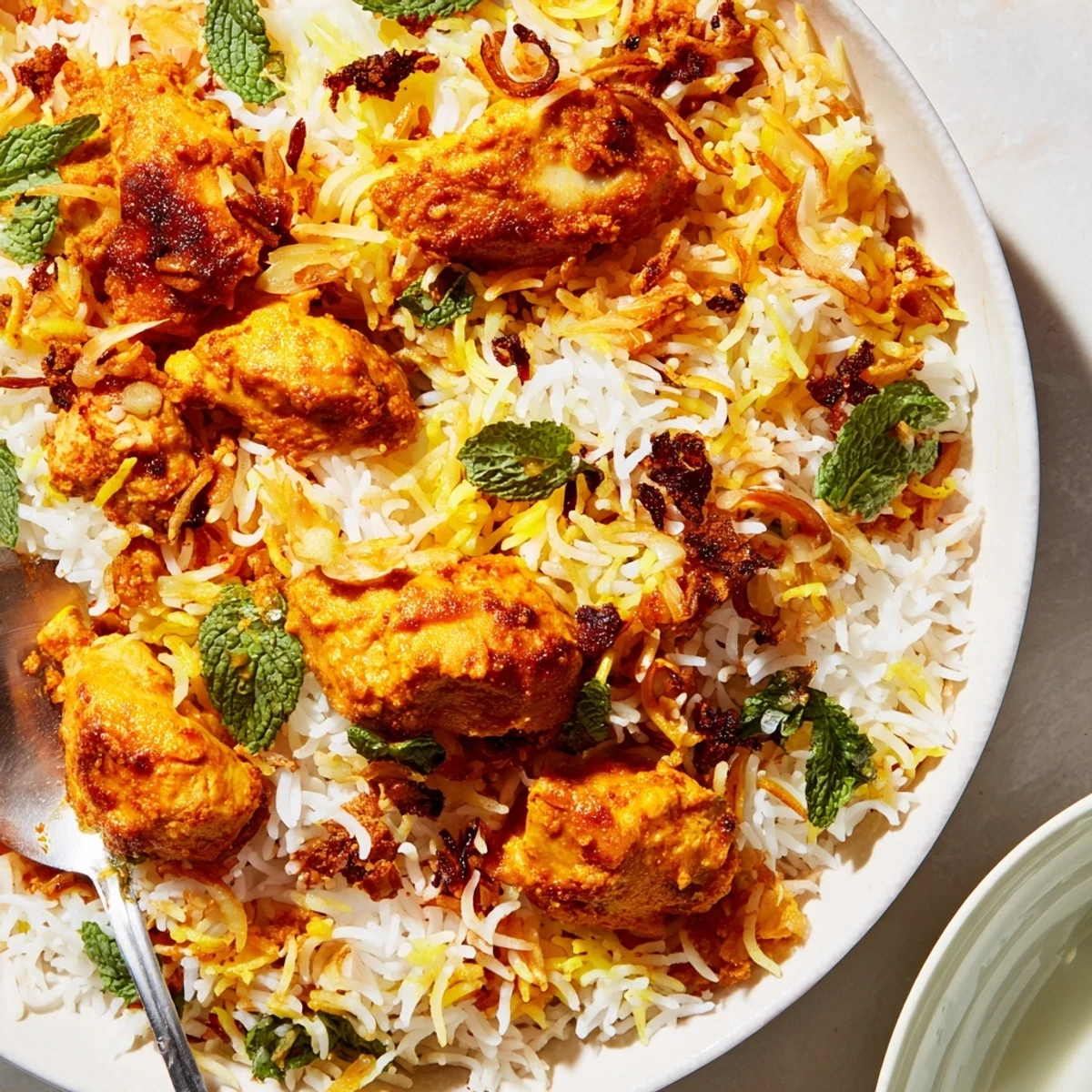 Fragrant Indian butter chicken biryani served steaming with saffron-infused rice and fried onion topping