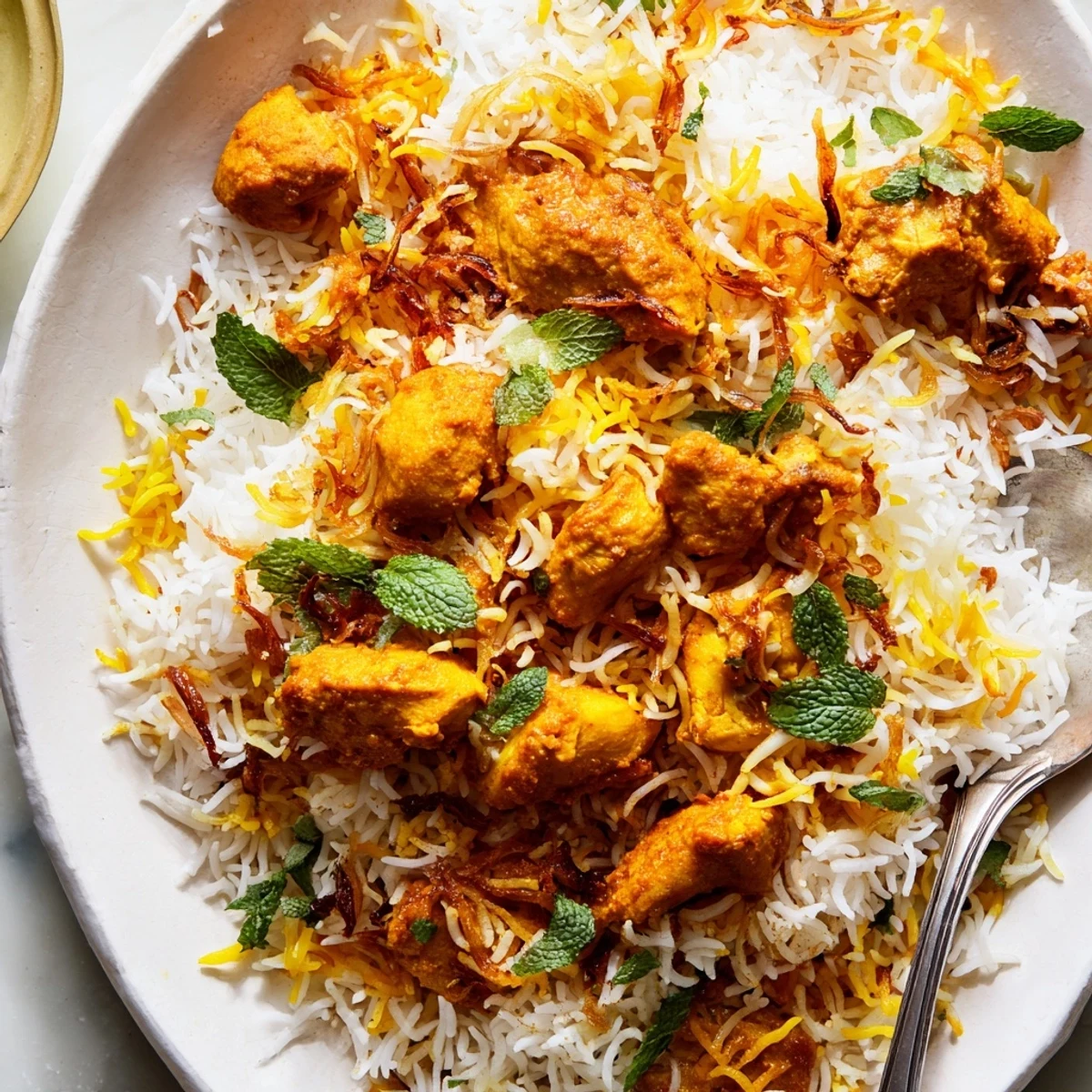 Luxurious one-pot butter chicken biryani featuring tender spiced chicken atop long-grain seasoned basmati