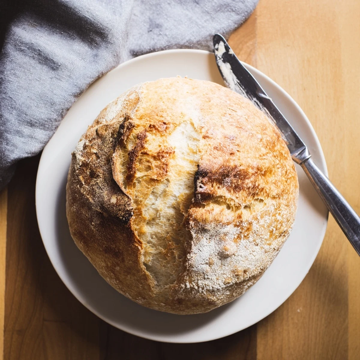 Golden brown easy rustic bread loaf with deep slashes and crackly crust on wooden board