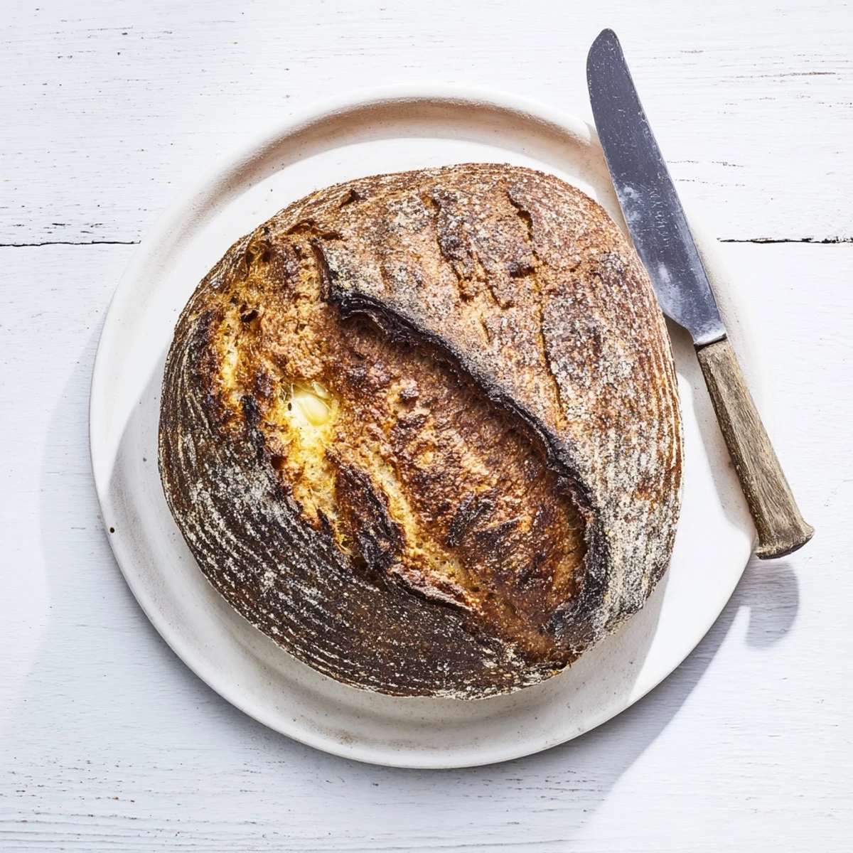 Homemade easy rustic bread sliced thick with flour-dusted crust beside olive oil dipping bowl