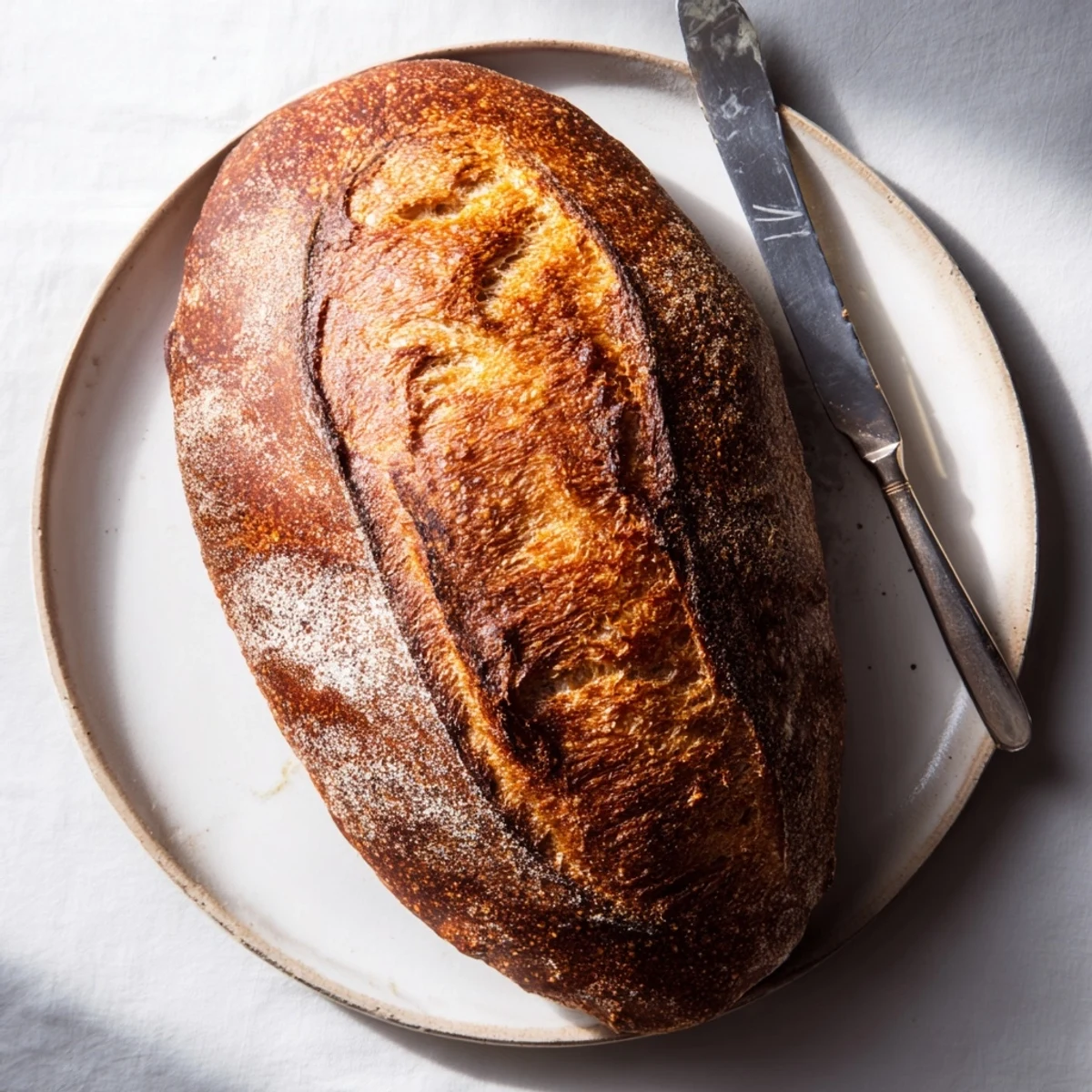 Freshly baked easy rustic bread broken open revealing soft chewy interior and airy holes
