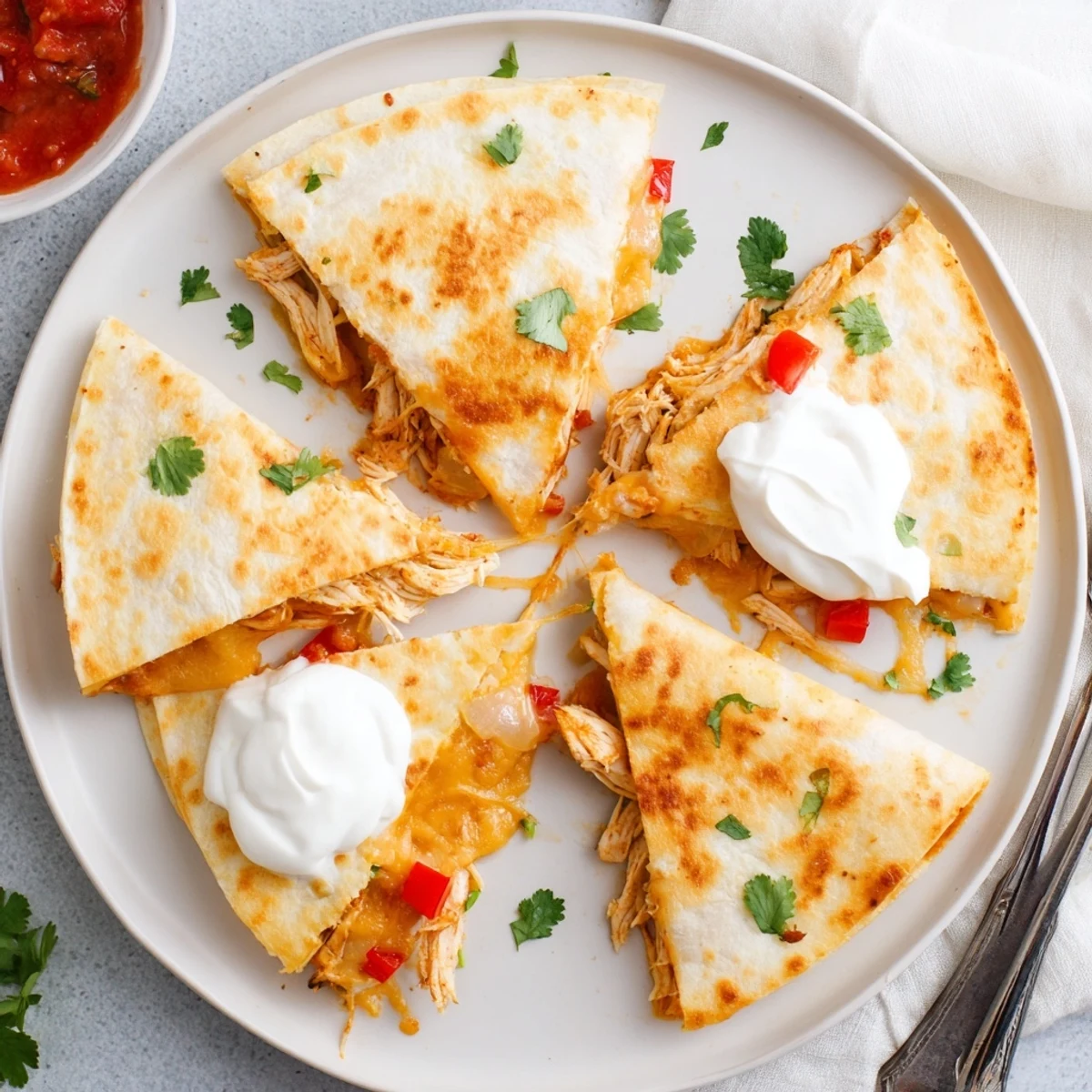 Golden brown crispy chicken quesadillas filled with melted cheese and colorful vegetables on a wooden board