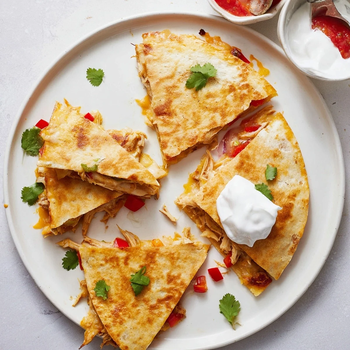 Pan-fried crispy chicken quesadillas with spicy shredded chicken and oozing Monterey Jack cheese ready to serve