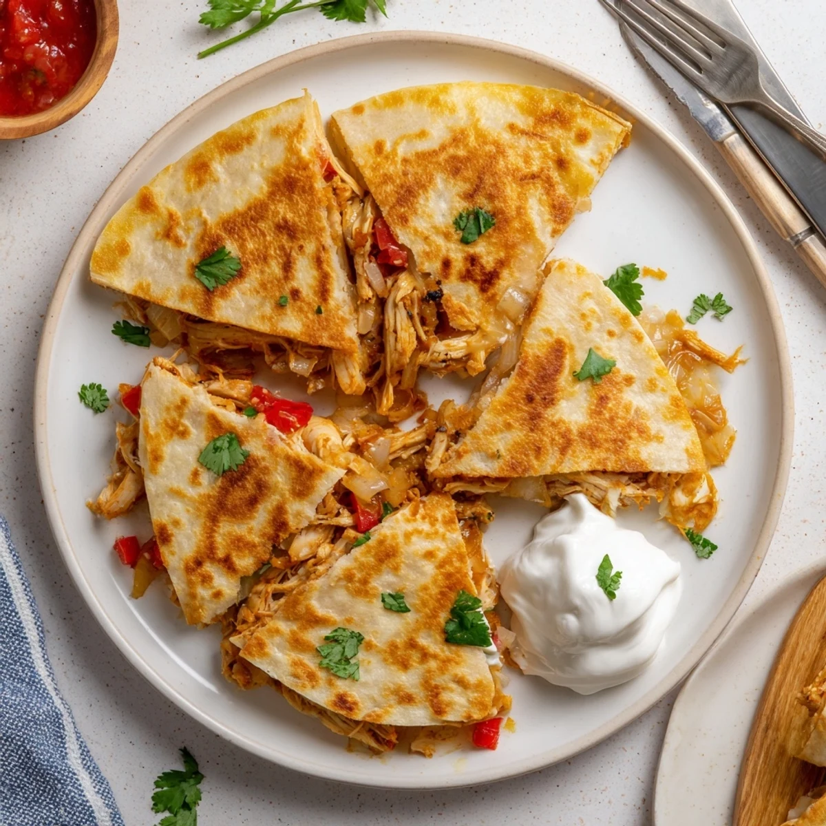 Cut wedge of crispy chicken quesadilla revealing seasoned chicken and peppers inside a toasted flour tortilla