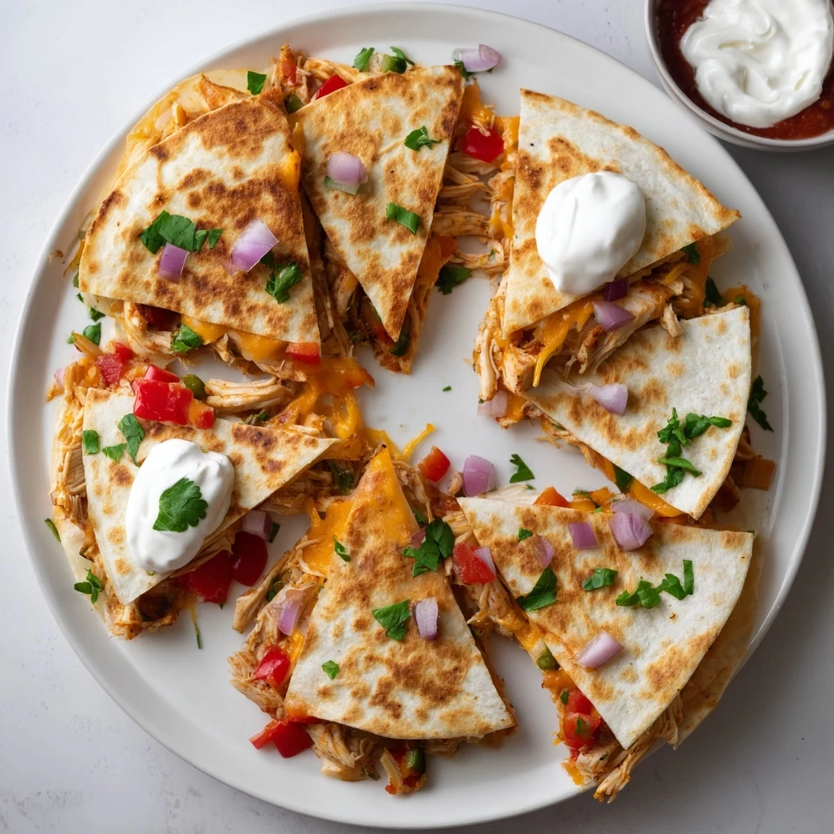 Golden chicken quesadillas with melted cheddar and colorful bell peppers cut into wedges