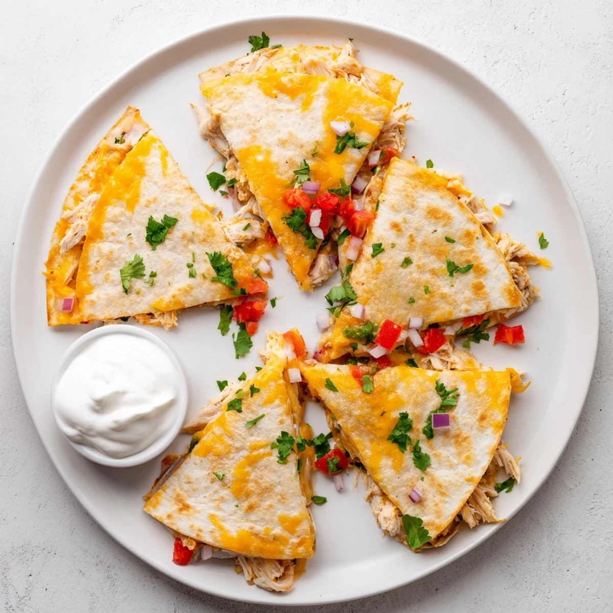 Crispy flour tortilla quesadillas stuffed with seasoned chicken and Mexican cheese blend on a plate