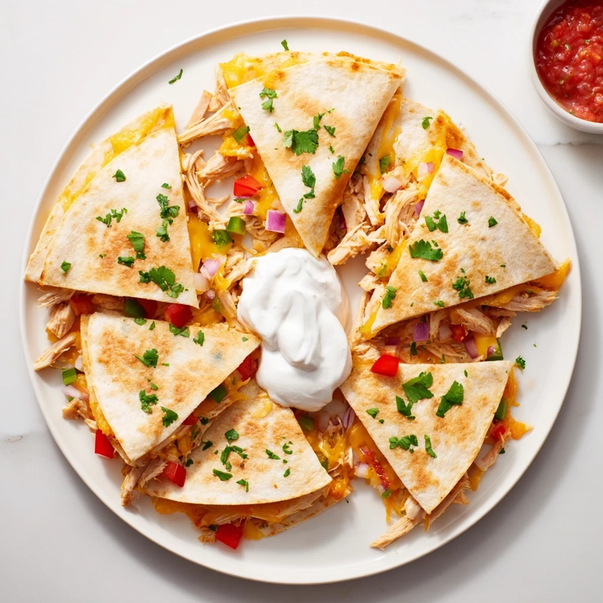 Homemade chicken quesadillas served with salsa guacamole and sour cream for dipping
