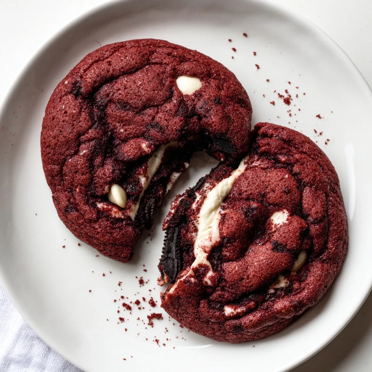 Chewy red velvet Oreo cookies with cocoa and white chocolate chips stacked on a white plate