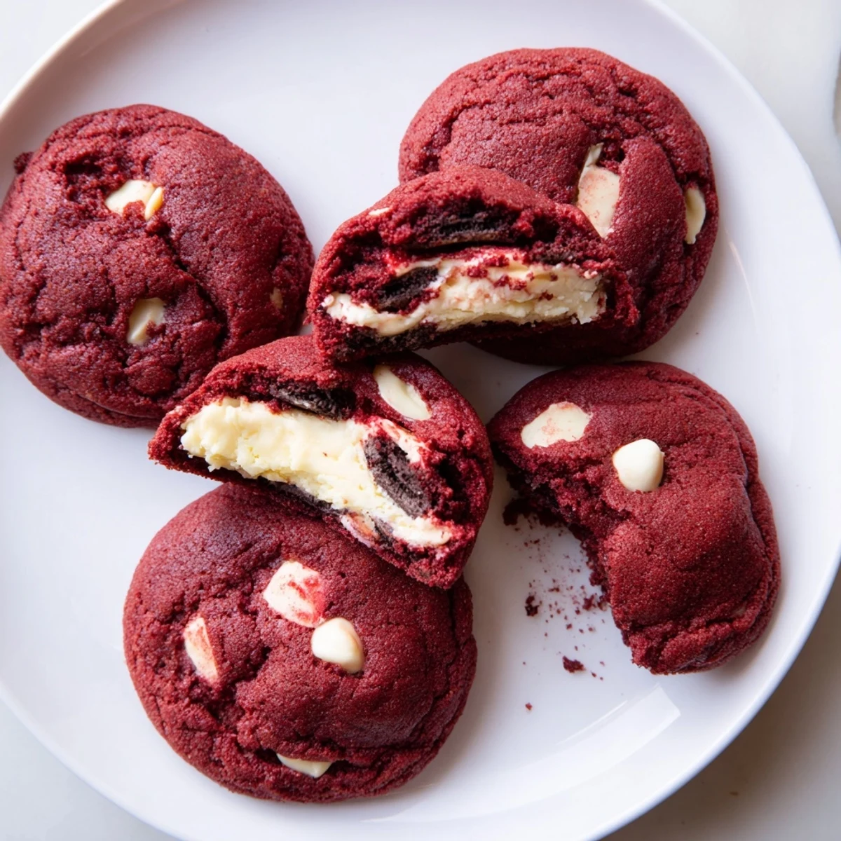 Freshly baked homemade red velvet Oreo cookies stuffed with creamy white filling on a cooling rack