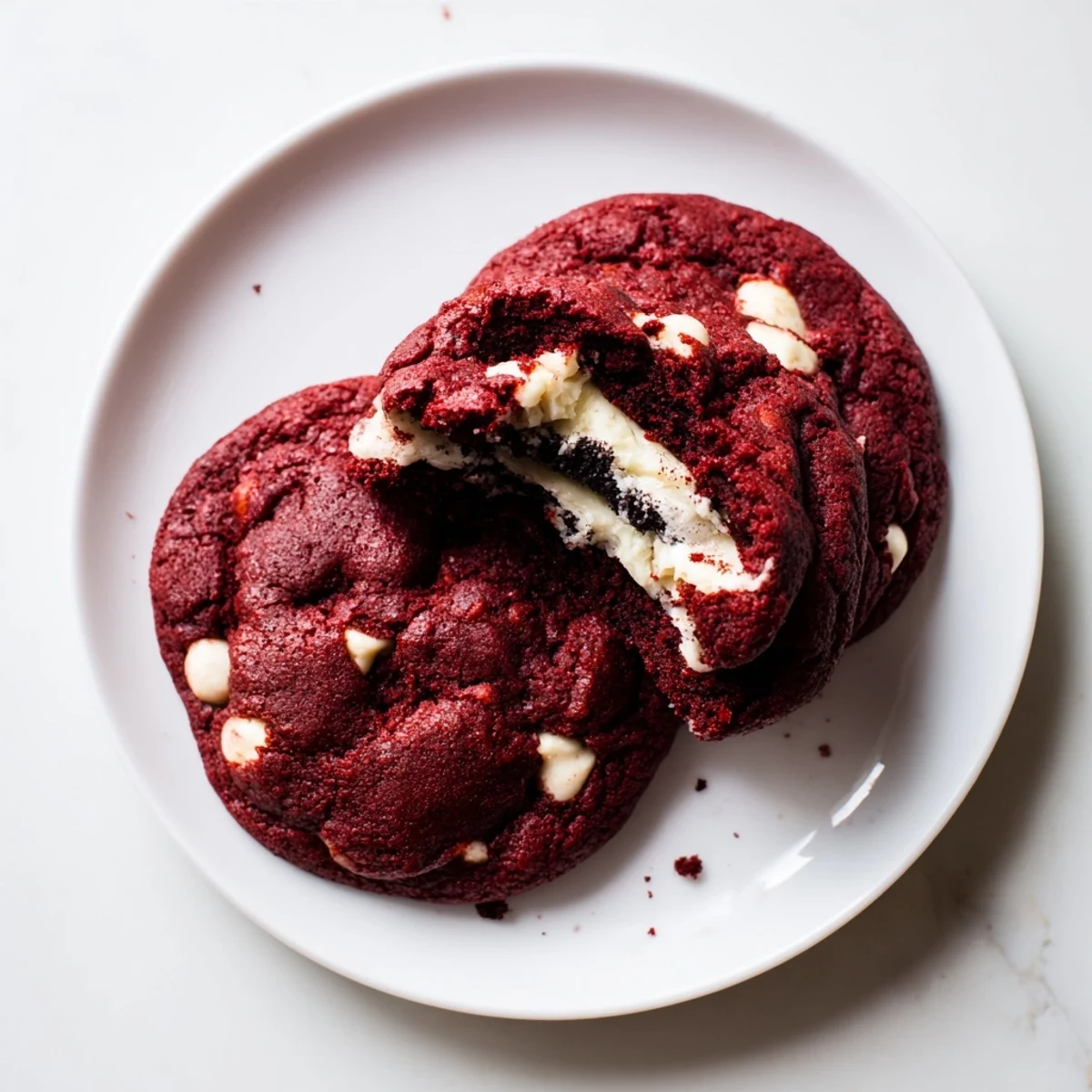 Bite into these rich homemade red velvet Oreo cookies revealing their sweet cream cheese Oreo filling