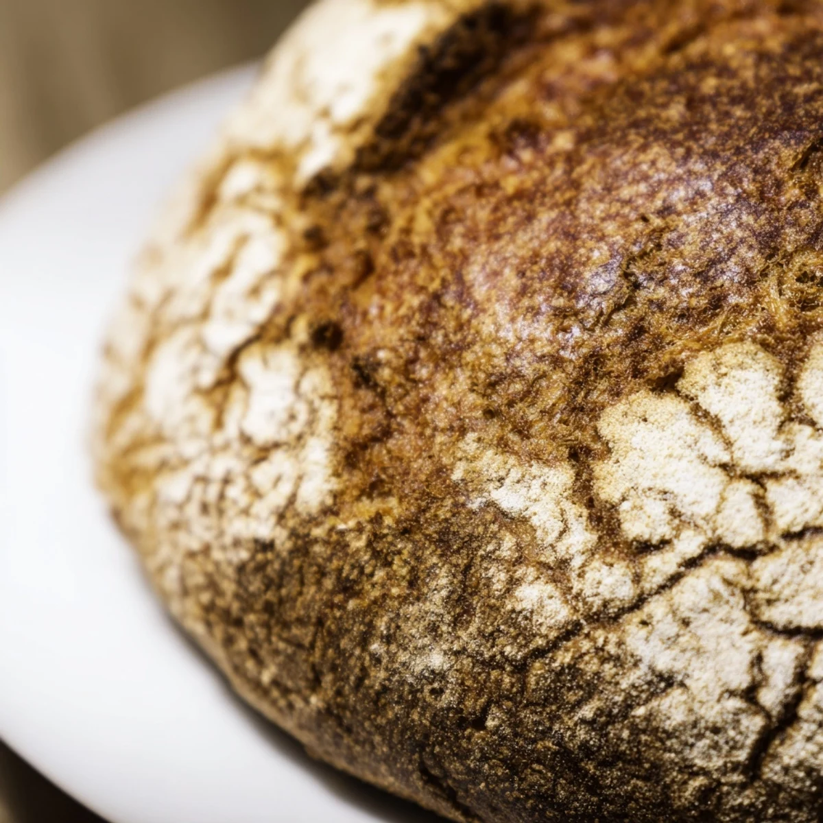 Golden brown artisan no knead bread loaf sliced to reveal soft airy crumb inside