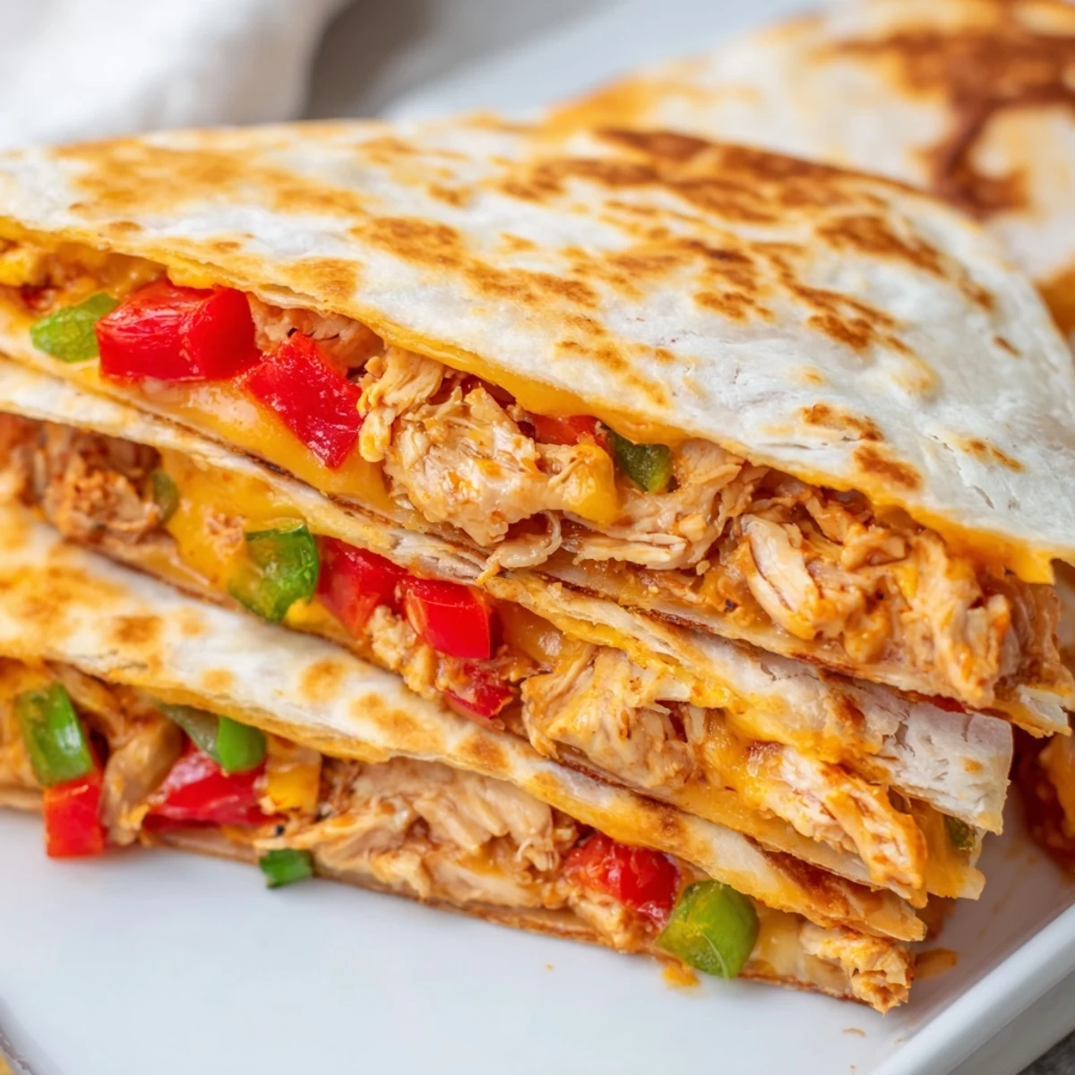 Golden baked chicken and cheese quesadillas cut into wedges on a white serving plate
