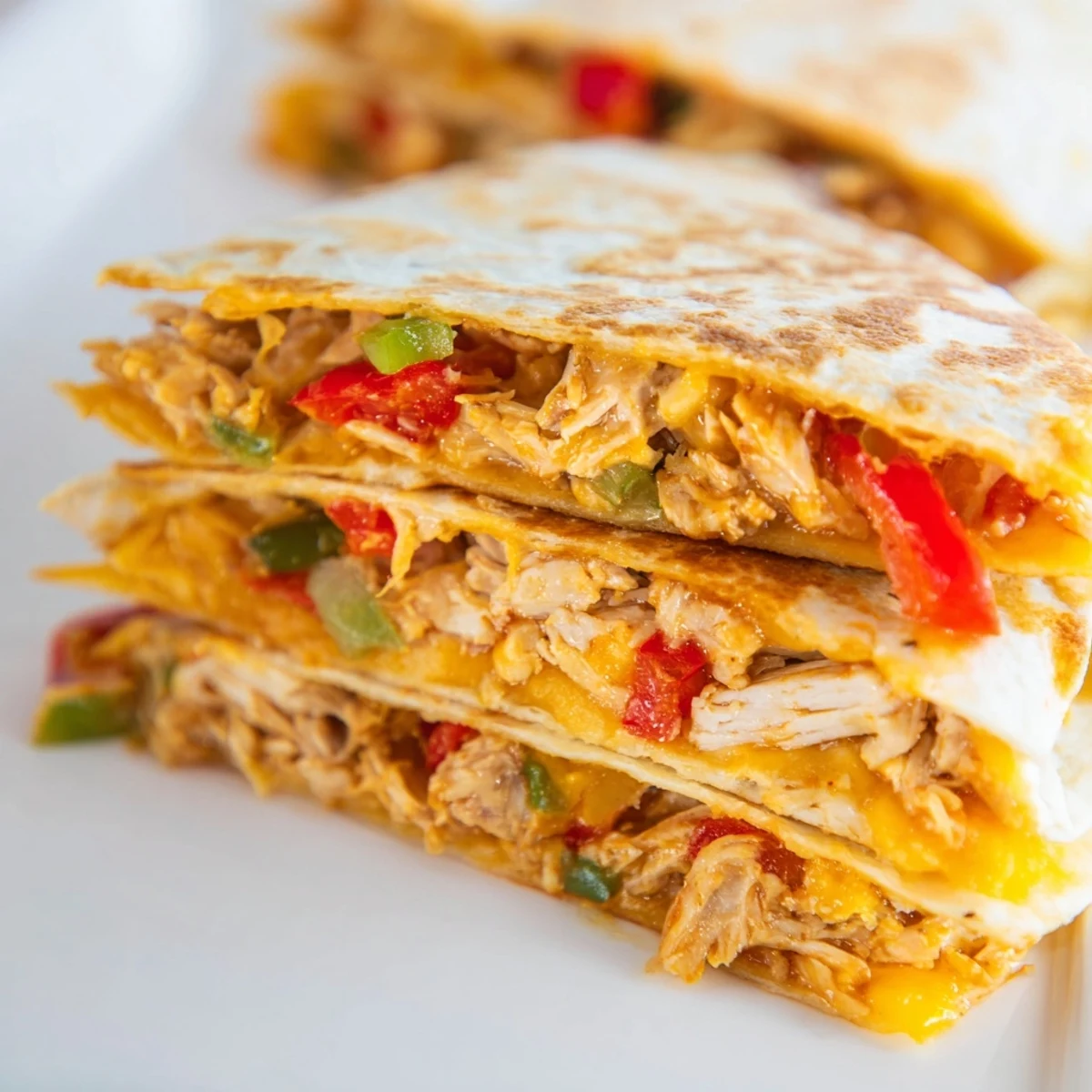 Crispy oven-baked quesadillas filled with seasoned chicken and melted Mexican cheese ready for dipping