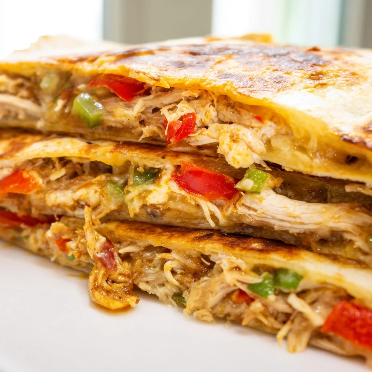 Flour tortilla quesadillas stuffed with spiced chicken and red peppers served with garnishes