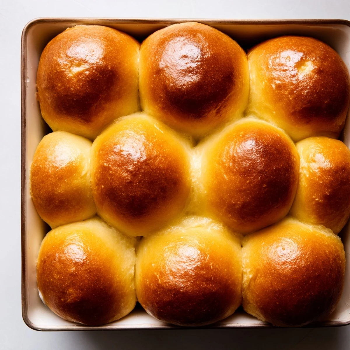 Golden brown Buttery Bliss Brioche Rolls arranged in a baking pan with shiny glazed tops