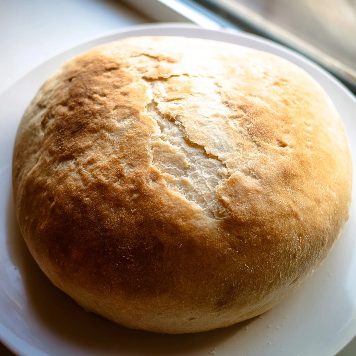 Freshly baked no-oven bread loaf sliced open revealing soft pillowy white crumb inside