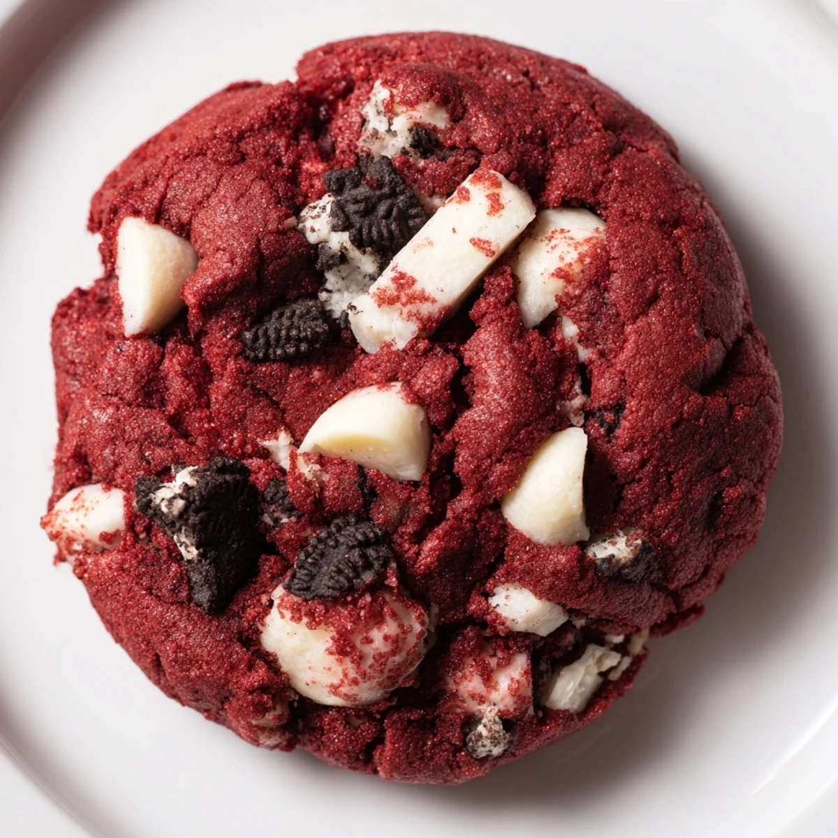 Soft red velvet Oreo cookies with white chocolate chips on a wooden board