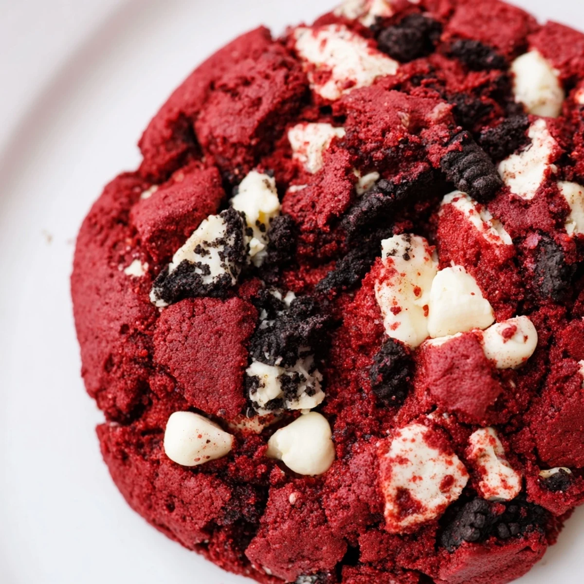 Chewy red velvet Oreo cookies with visible Oreo chunks and white chocolate chips