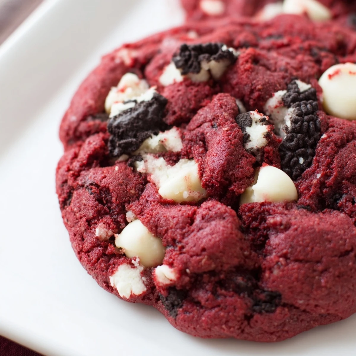 Freshly baked red velvet Oreo cookies stacked on a white serving platter