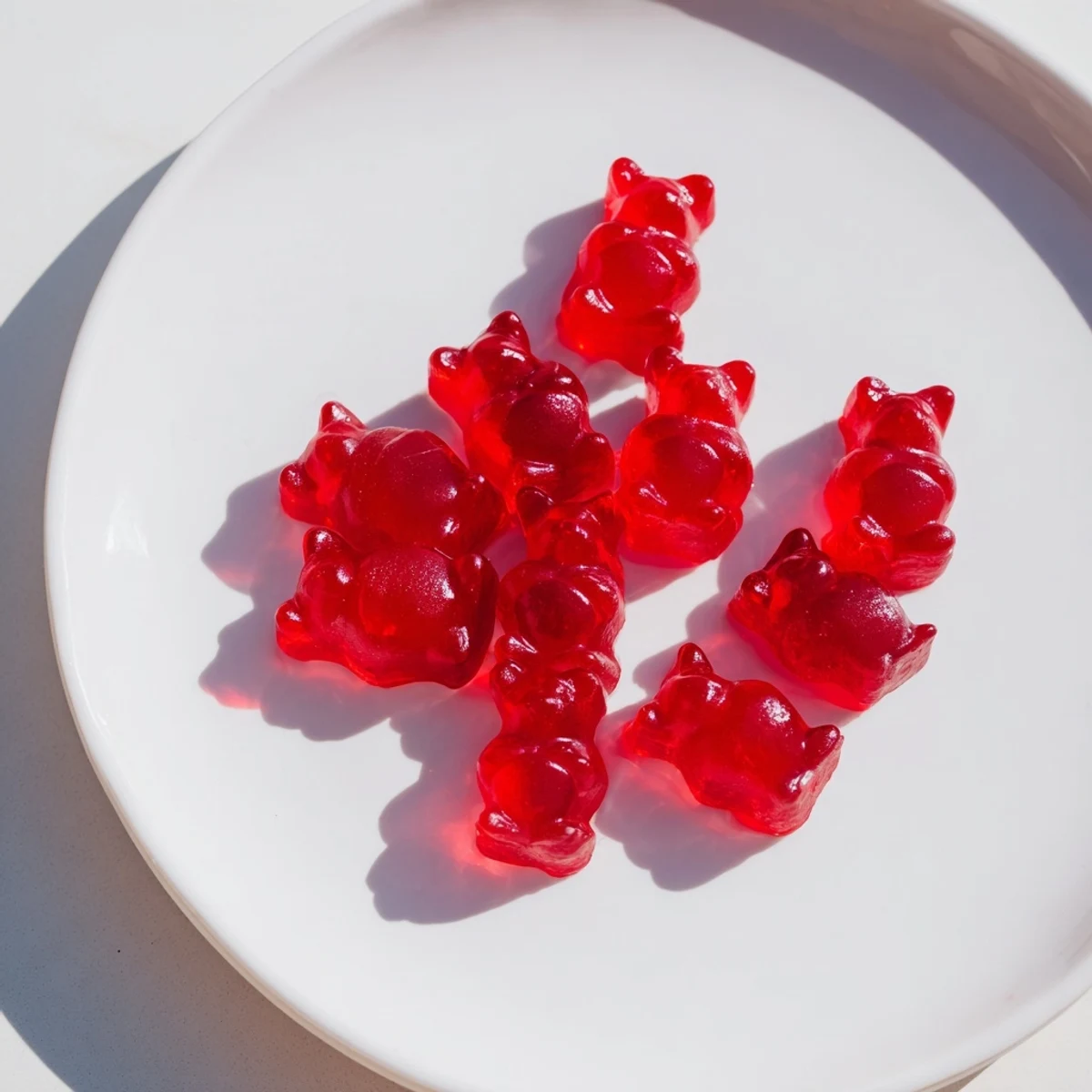 Chewy homemade strawberry gummies arranged on a white plate, garnished with fresh whole strawberries