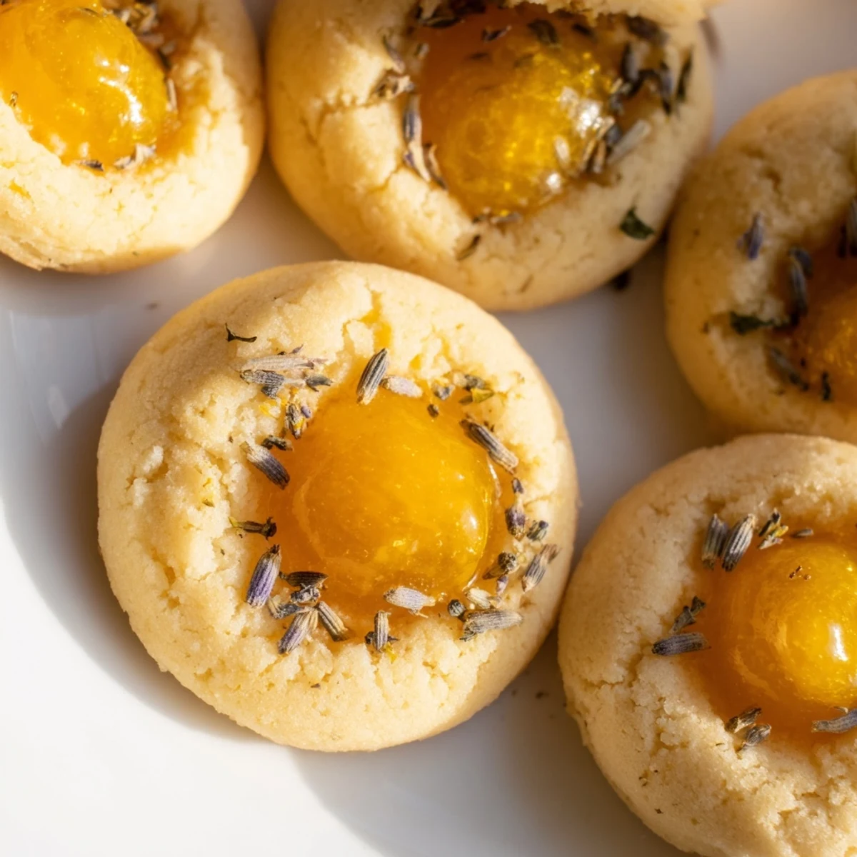 Golden Lemon Lavender Thumbprint Cookies with tangy lemon curd filling centers on a white plate