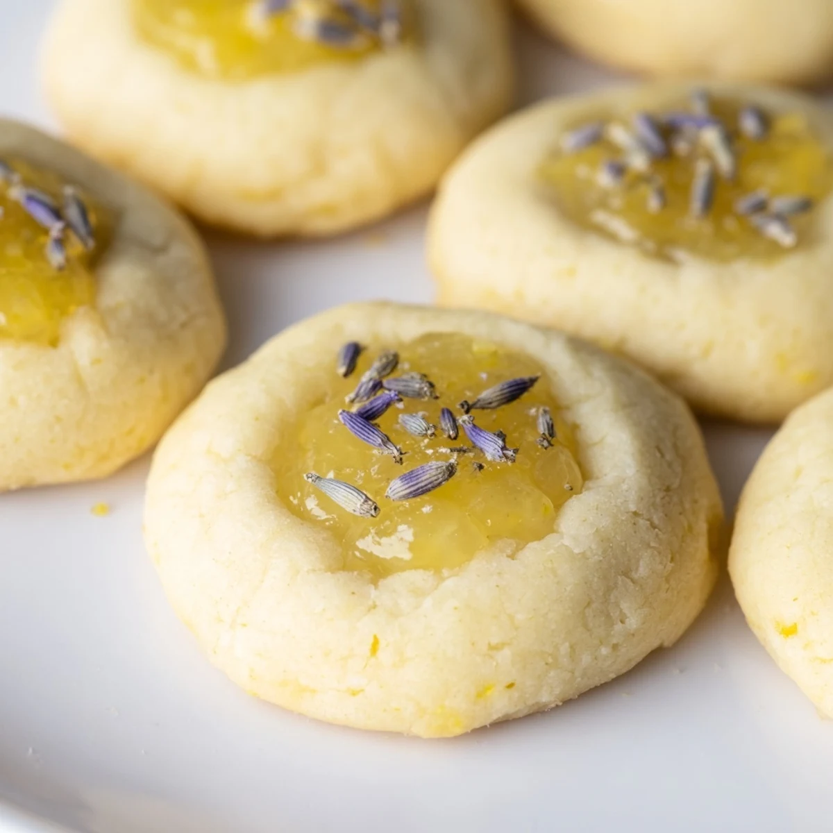 Buttery shortbread cookies topped with bright yellow lemon curd and dried lavender specks