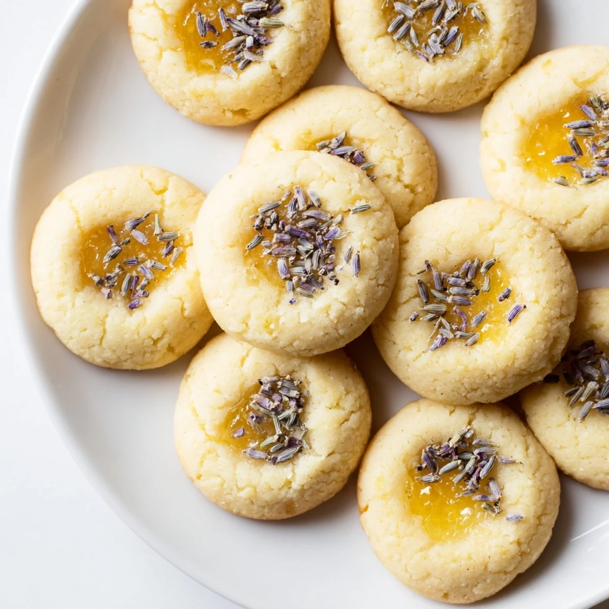 Tea time spread featuring floral Lemon Lavender Thumbprint Cookies with glossy jam centers