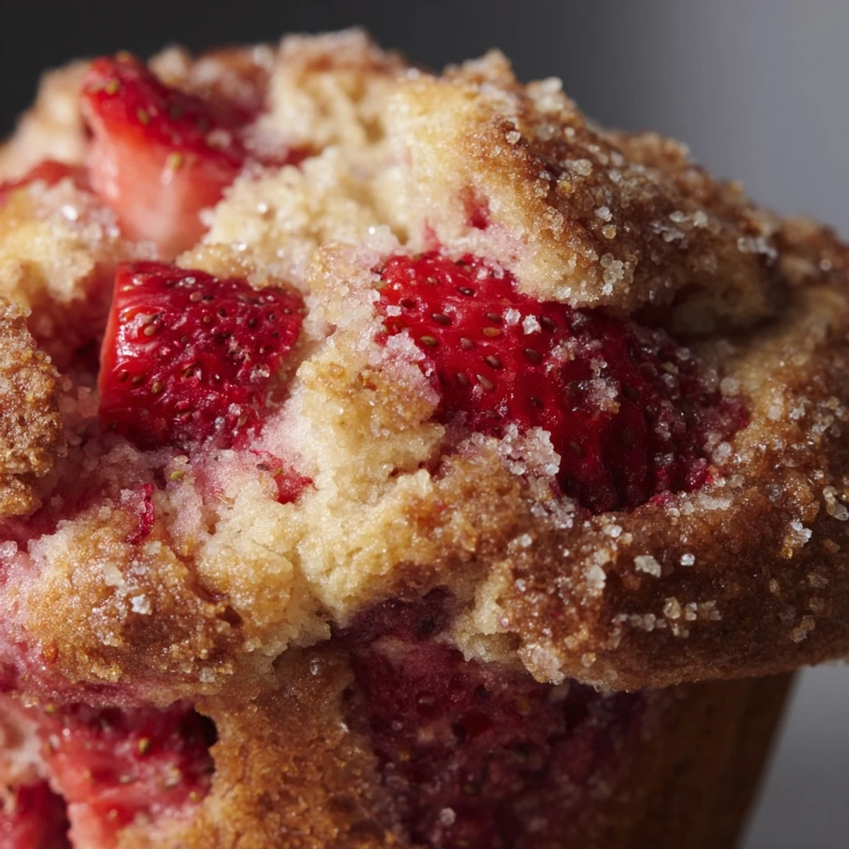 Golden bakery style fresh strawberry muffins topped with sparkling coarse sugar and bursting with juicy red berries