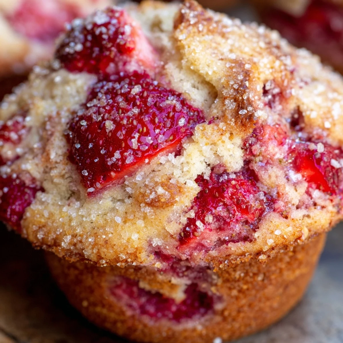 Fresh strawberry muffins rising tall in a paper lined muffin tin with golden brown craggy tops