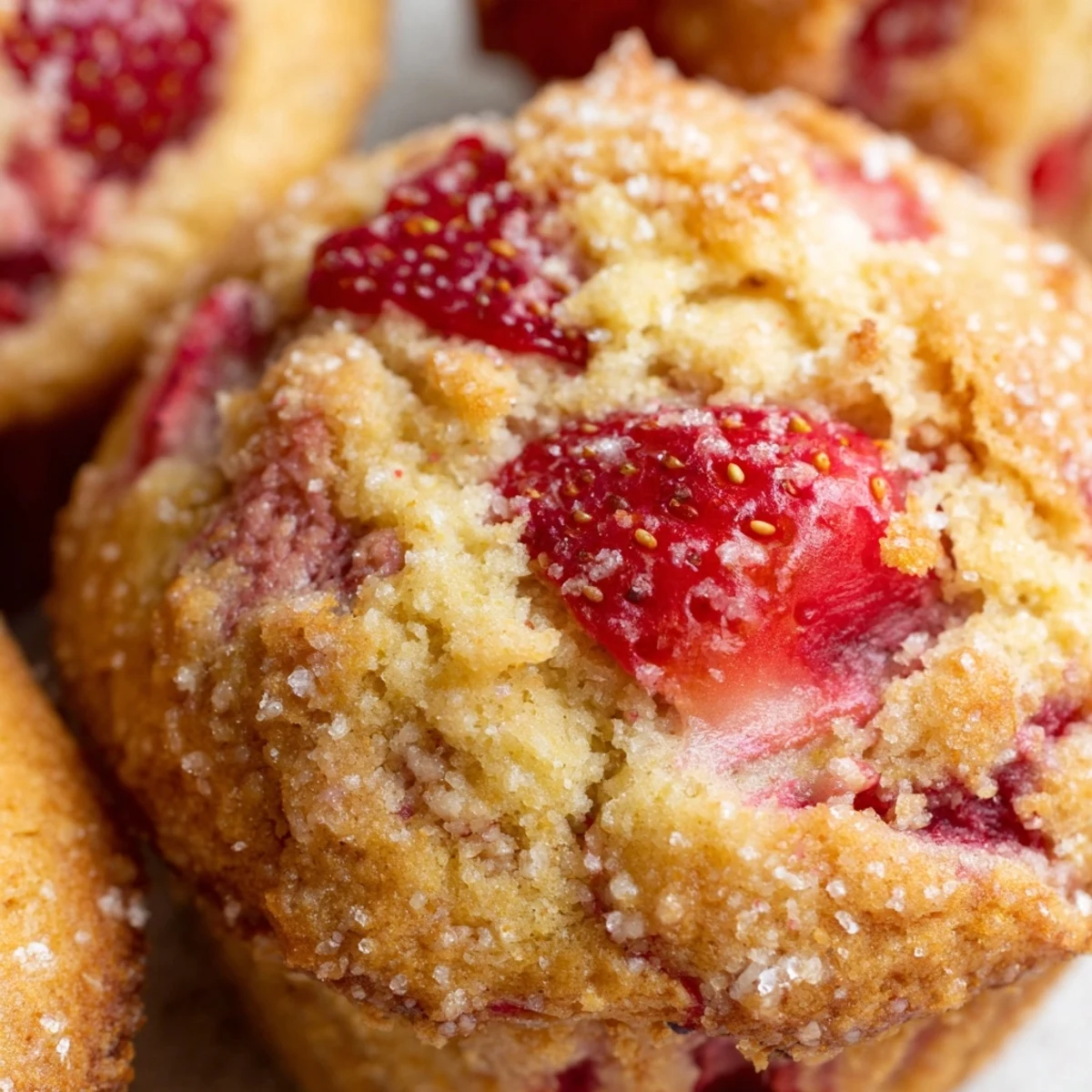Moist bakery style fresh strawberry muffins cooling on a wire rack with sweet strawberry chunks visible throughout