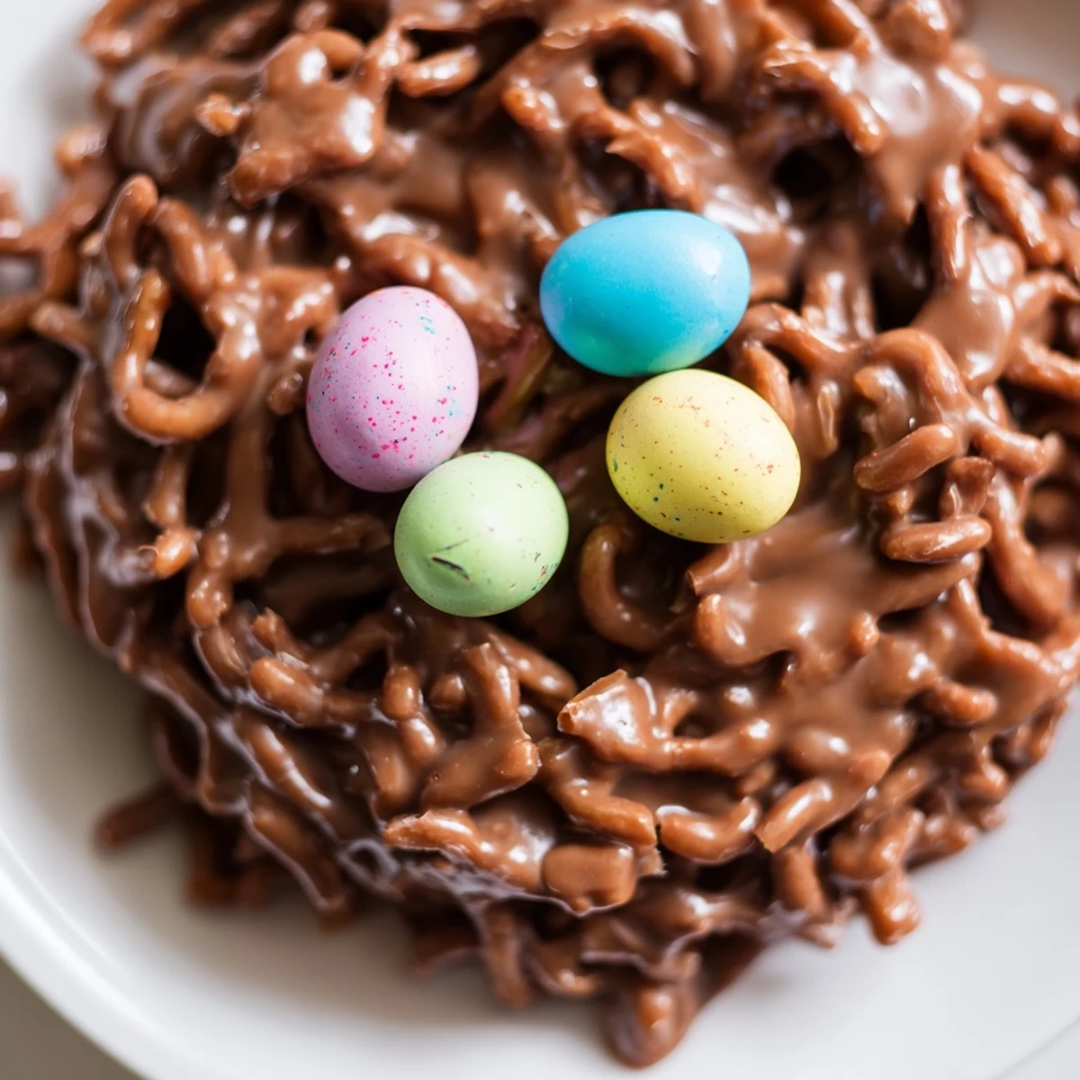No bake birds nest cookies topped with colorful candy eggs arranged on parchment paper