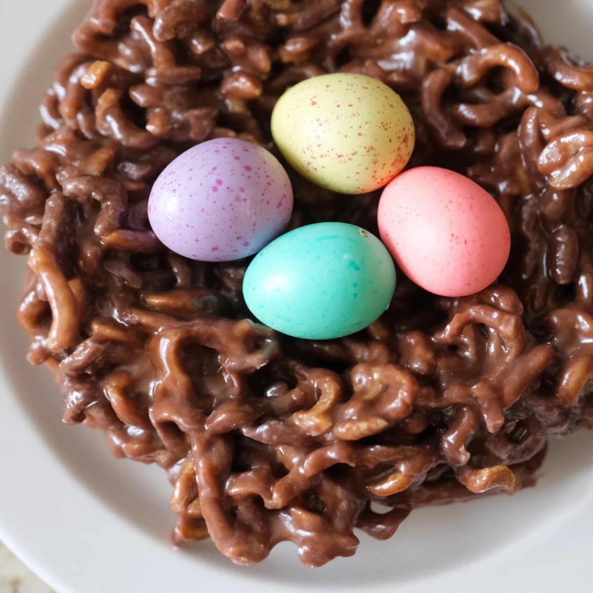 Chocolate peanut butter no bake birds nest cookies filled with pastel egg candies