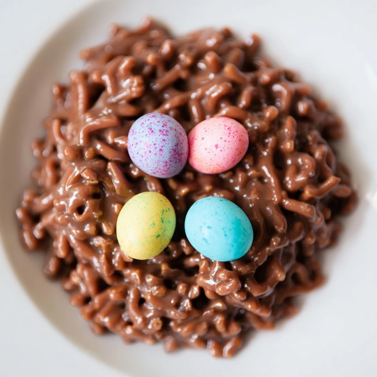 Birds nest cookies with chow mein noodles and chocolate eggs on white plate
