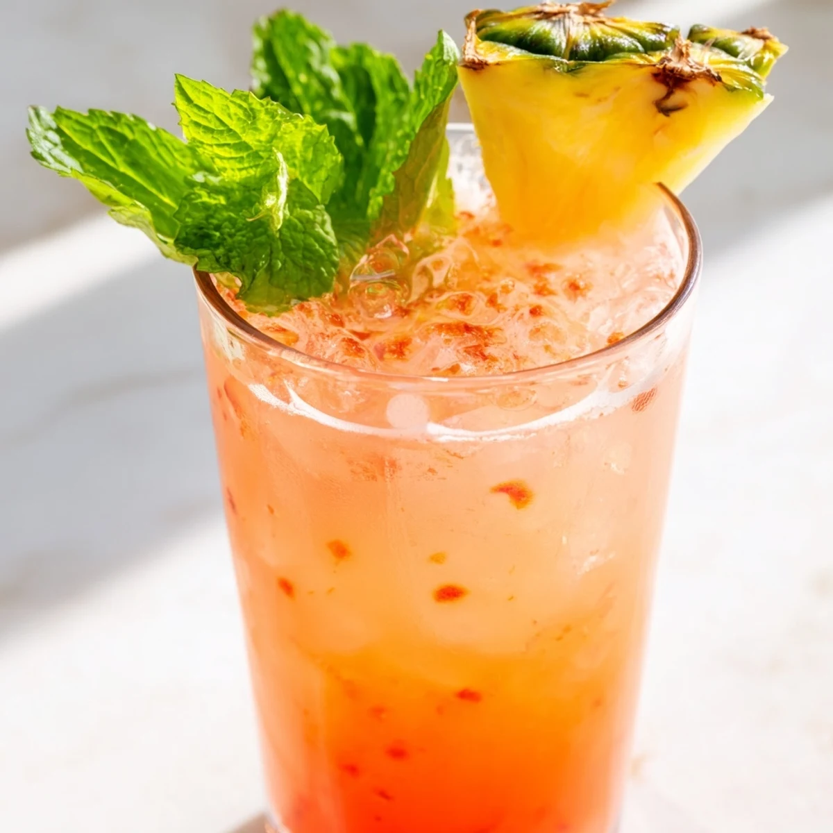 Tall glass of pineapple pink lemonade garnished with fresh mint and ice cubes