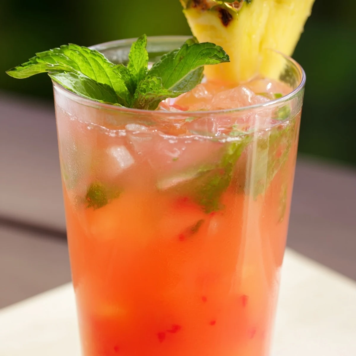 Refreshing pineapple pink lemonade pitcher with pineapple wedges and lemon slices on summer table