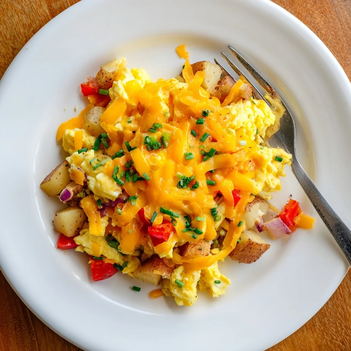 Golden cheesy potato egg scramble with melted cheddar over fluffy eggs and tender diced potatoes