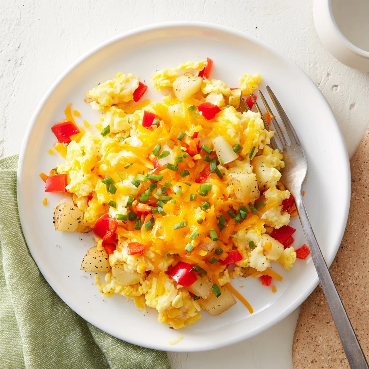 Creamy cheesy potato egg scramble served hot with golden potatoes and melted cheddar cheese throughout