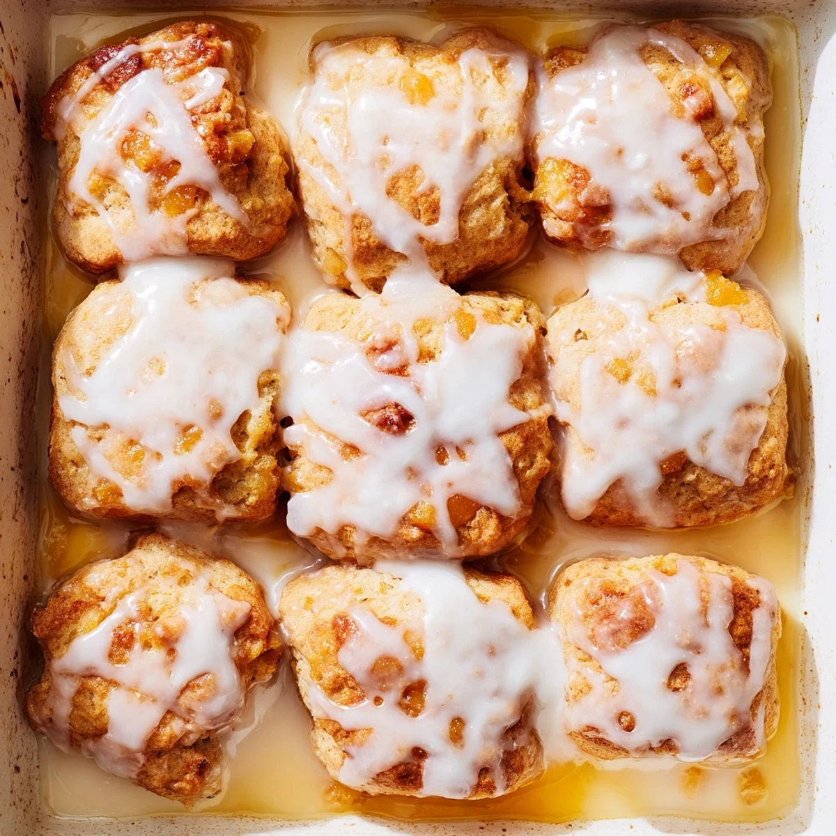 Golden peach butter swim biscuits drizzled with vanilla glaze on a white plate