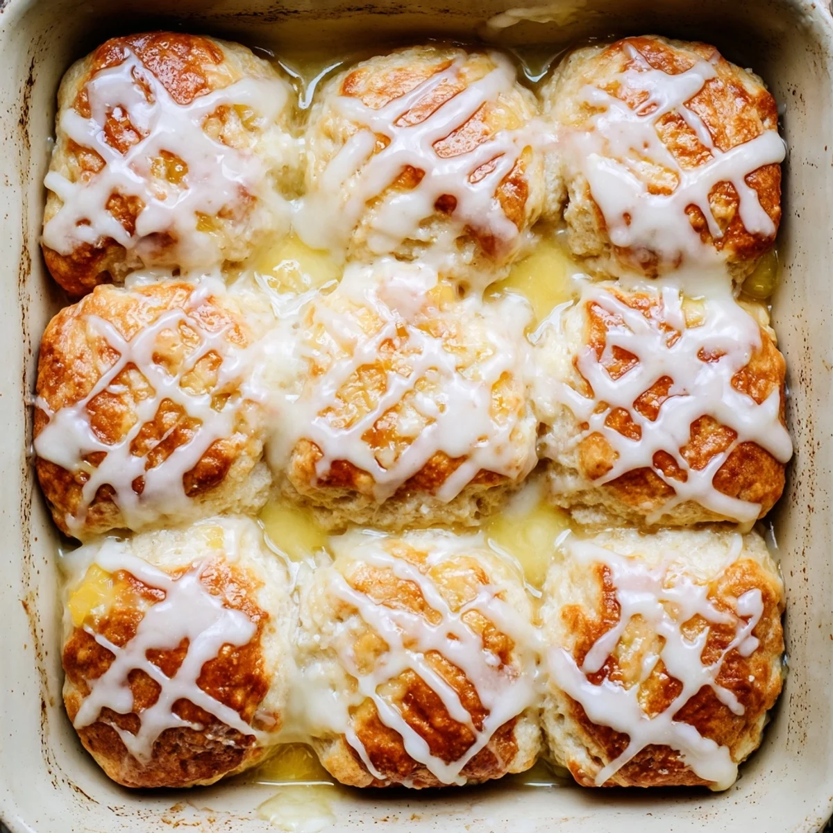 Buttery peach biscuits baked in peach-infused butter topped with sweet vanilla glaze