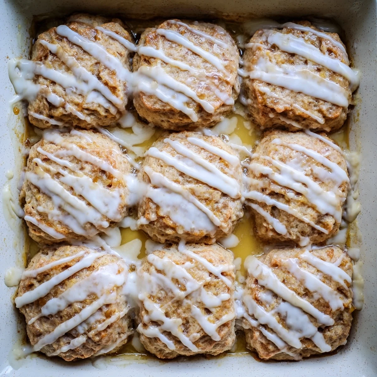 Nine tender peach biscuits with vanilla glaze served warm for breakfast dessert