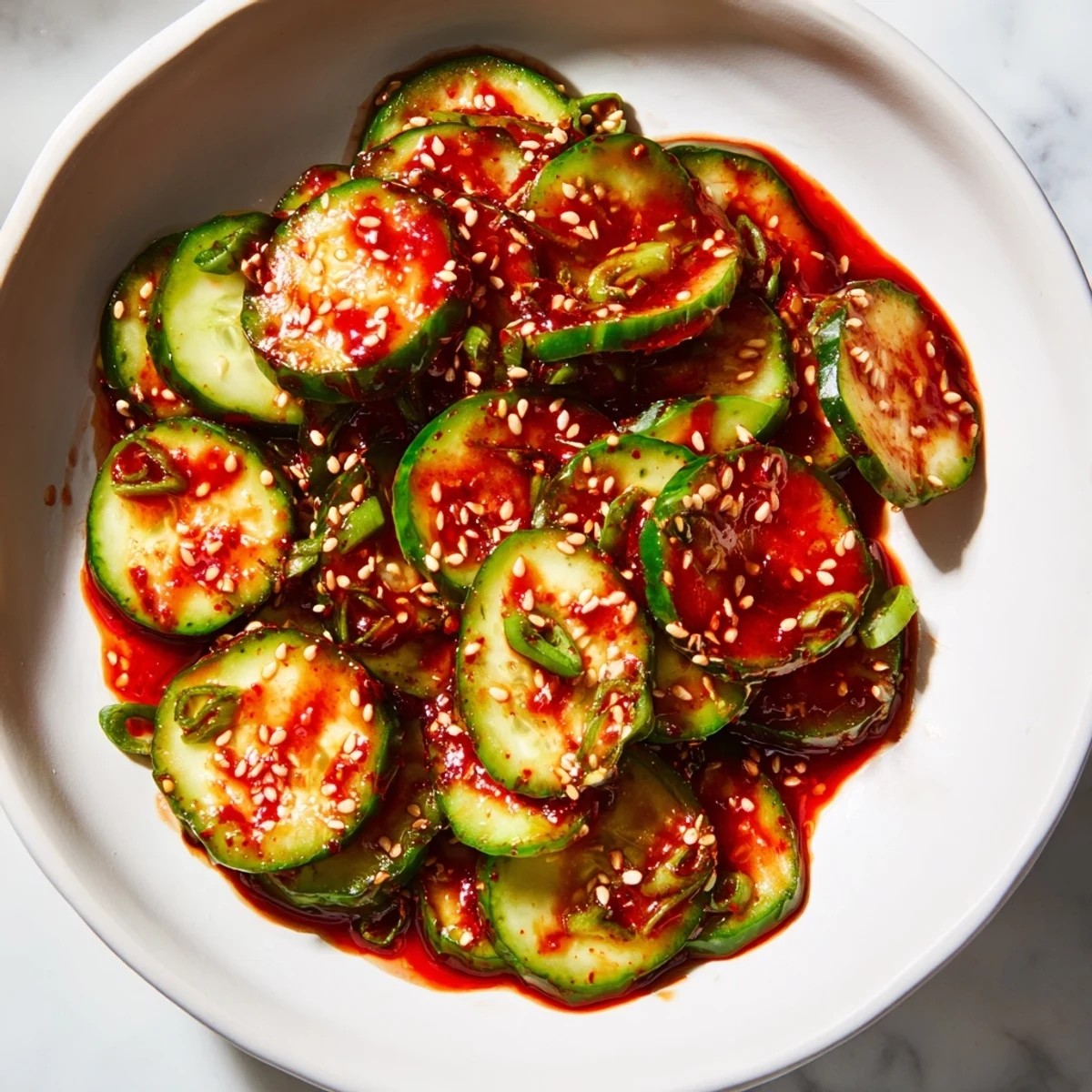 Crisp cucumber slices tossed in spicy Korean chili flakes and sweet sesame dressing