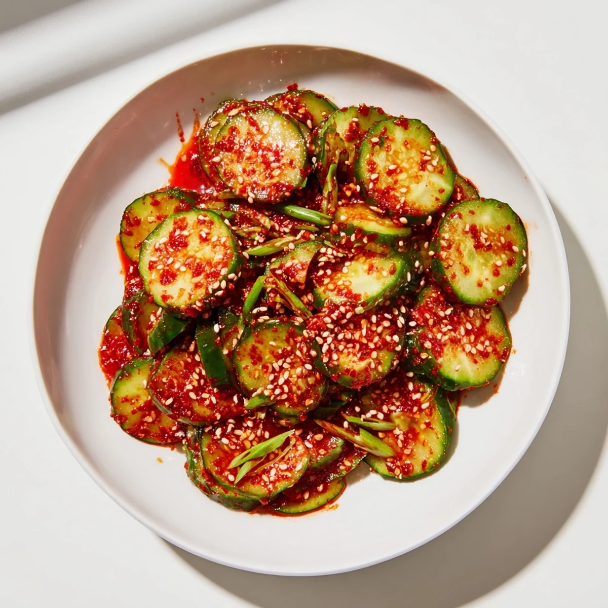 Fresh Korean cucumber salad topped with toasted sesame seeds and green onion garnish