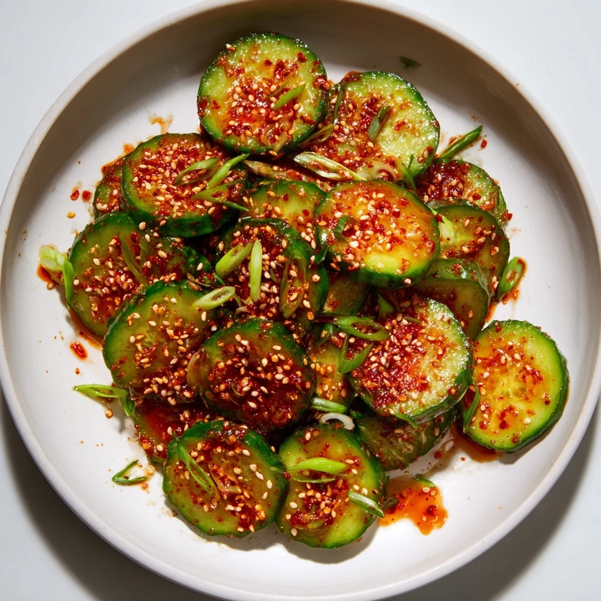Tangy spicy Korean cucumber salad served as refreshing side dish with bright red seasoning