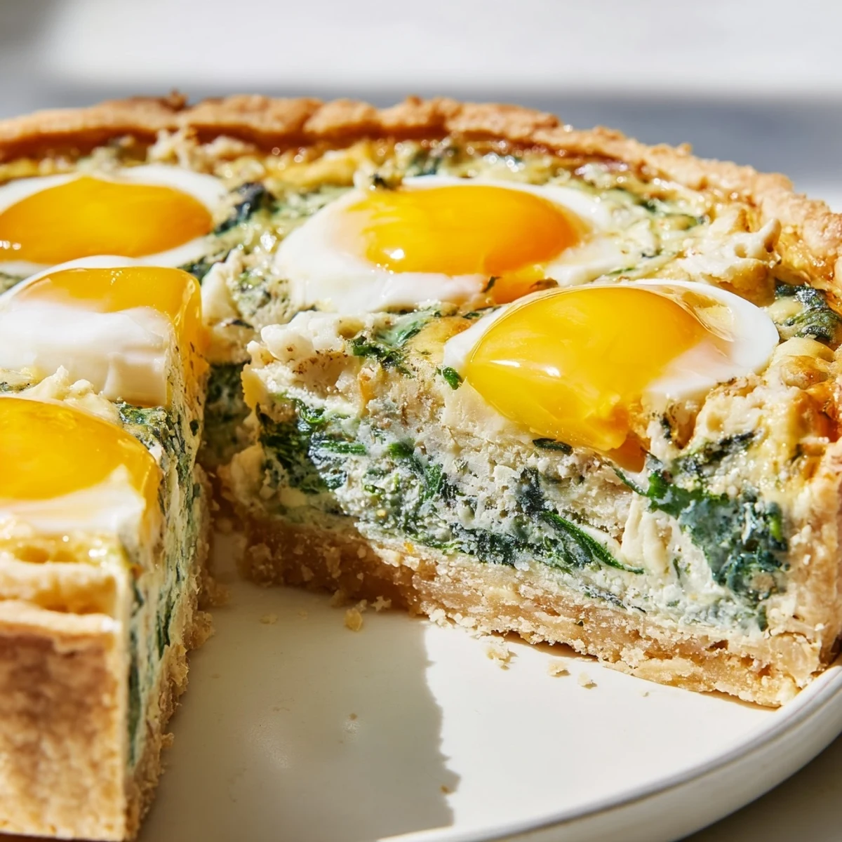 Golden Easter tart with flaky pastry crust filled with creamy ricotta spinach and whole baked eggs