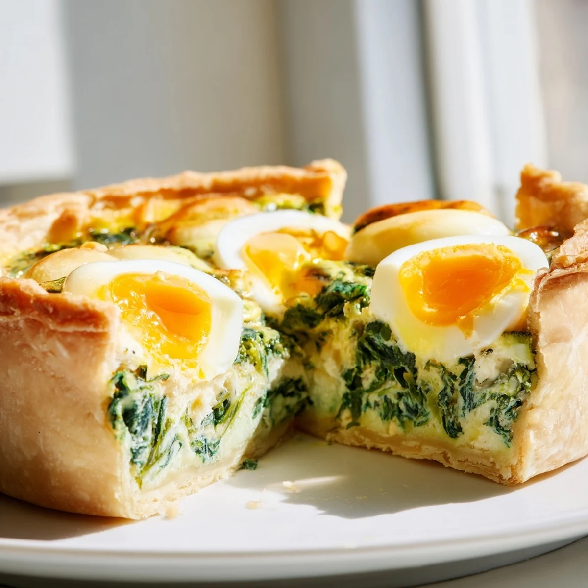 Savory Italian Easter tart featuring tender pastry shell topped with golden ricotta spinach mixture and runny yolks