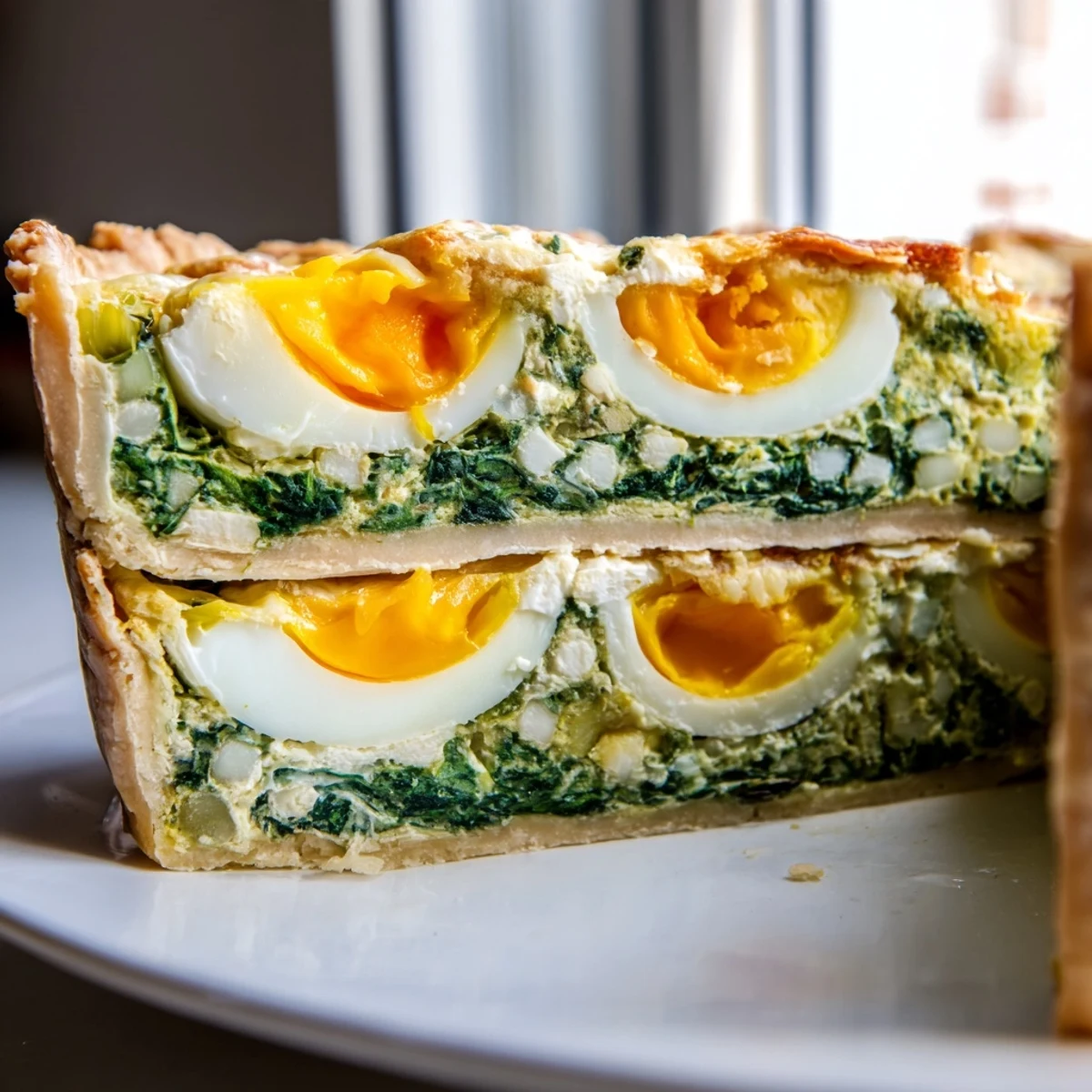 Slice of warm Easter tart displaying layered ricotta spinach filling with perfectly baked whole eggs inside crust
